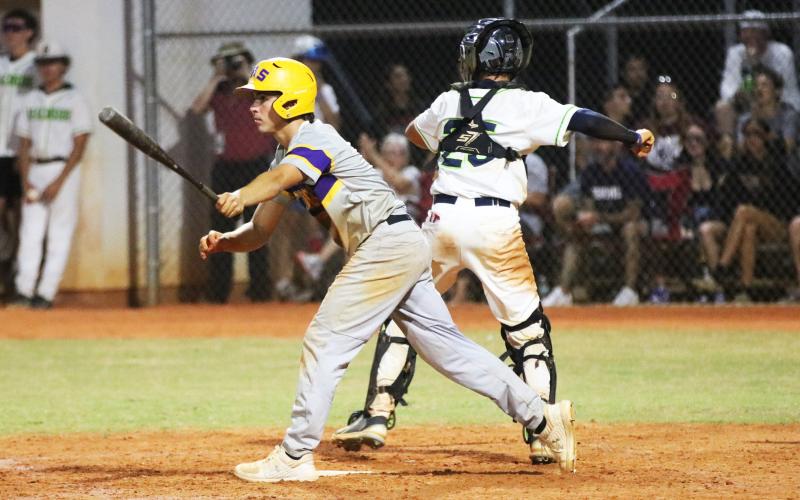 Columbia third baseman Grant Bowers strikes out against Beachside during Tuesday’s Region 1-5A quarterfinal. (JORDAN KROEGER/Lake City Reporter)