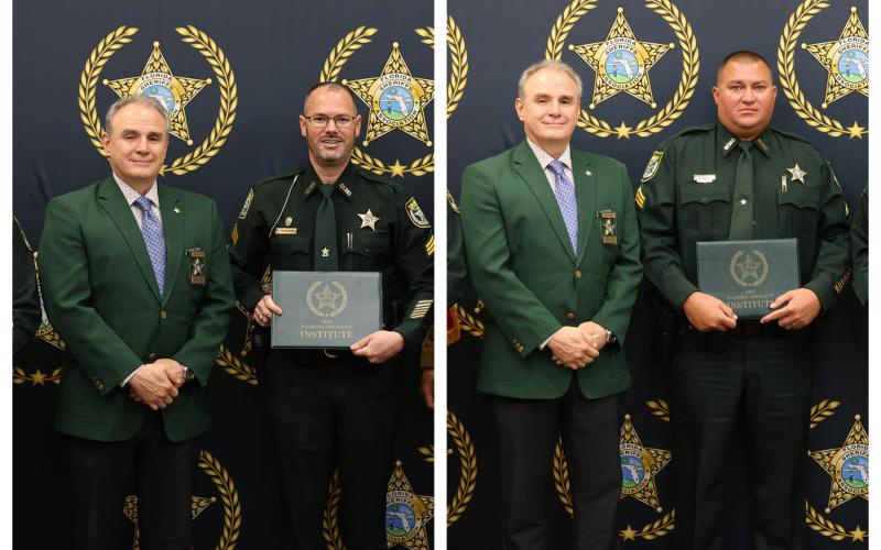 Columbia County Sheriff's Office Sgt. Steven Khachigan (left photo, right) and Suwannee County Sheriff's Office Sgt. Wayne Kelly (right photo, right) were part of the 15th graduating class of the Florida Sheriff's Association Commanders Academy. Both are pictured with FSA Executive Director Steve Casey. (COURTESY)
