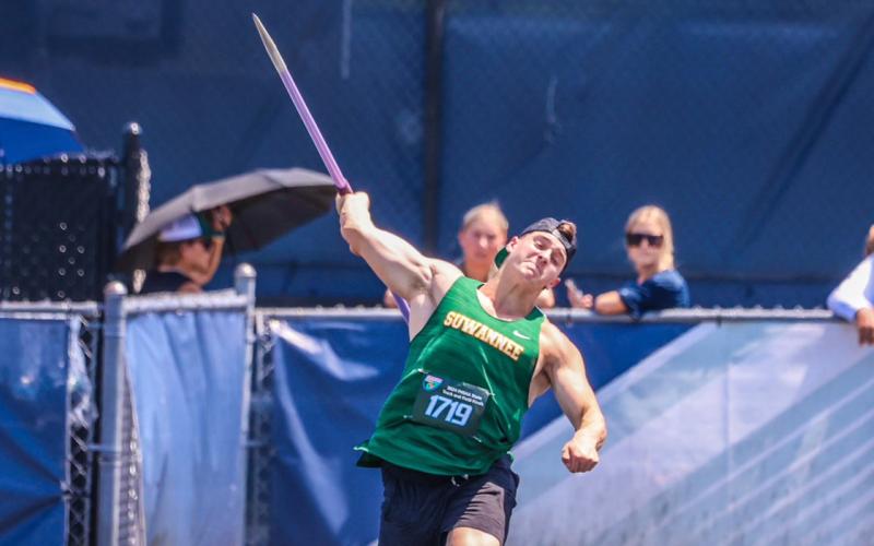 Suwannee’s Will Wainwright throws the javelin during Thursday’s Class 2A state meet. (COURTESY)