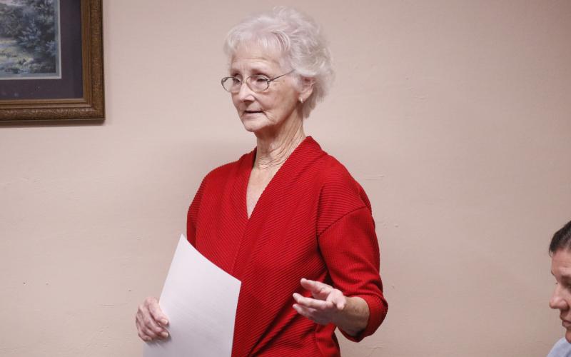 Delores Walker pleads with the Mayo Town Council for help dealing with dangerous dogs in the town during the council’s Monday night meeting. A dog bit Walker’s great-granddaughter several weeks ago. (JAMIE WACHTER/Lake City Reporter)
