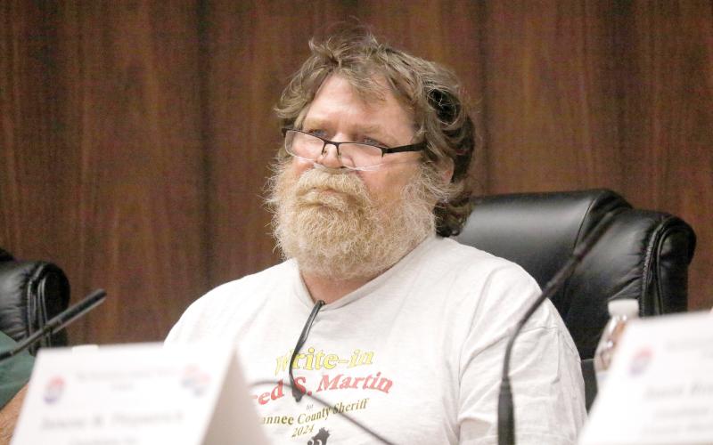 Fred Martin, a write-in candidate for Suwannee County sheriff, stressed the importance of body cameras that can't be turned off during Monday's meet the candidates forum. (JAMIE WACHTER/Lake City Reporter)