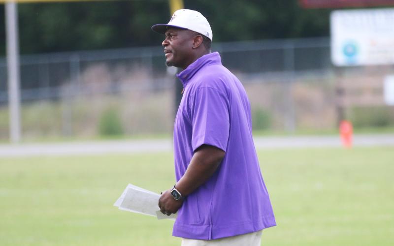 Columbia football coach Brian Allen reacts to a missed call during his team’s spring game against Fort White on May 17. (JORDAN KROEGER/Lake City Reporter)