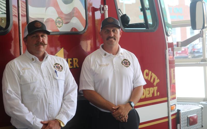 Lake City’s new assistant fire chief Ret Tompkins (right) began his firefighting career as a high school senior nearly 20 years ago. At that time, Tompkins began riding along on shifts with Josh Wehinger, now Lake City’s fire chief. (TONY BRITT/Lake City Reporter)