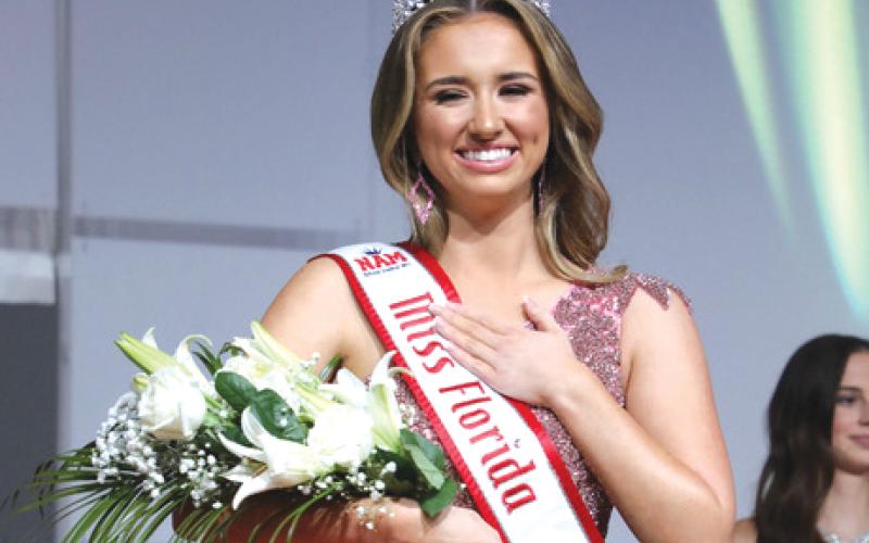 Lake City’s Emily Mrvica reacts after being crowned the winner of the 2024 National American Miss Florida Teen pageant on July 14. (COURTESY)