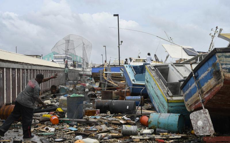 Damaged fishing boats pile up against each other after Hurricane Beryl at the Bridgetown Fish Market, Bridgetown, Barbados, on Monday. (Randy Brooks/AFP/Getty Images/TNS)