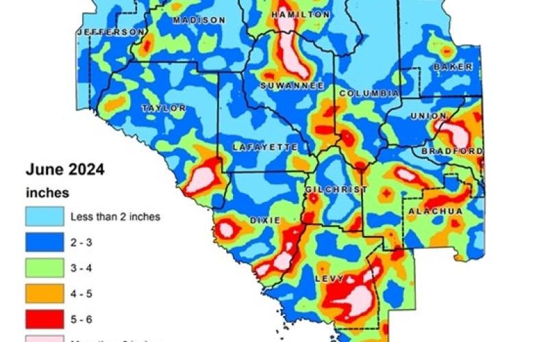 Most areas in North Florida received between 2-4 inches of rain in June, although some areas like northern Columbia County received less than 2 inches of rainfall. (COURTESY SUWANNEE RIVER WATER MANAGEMENT DISTRICT)