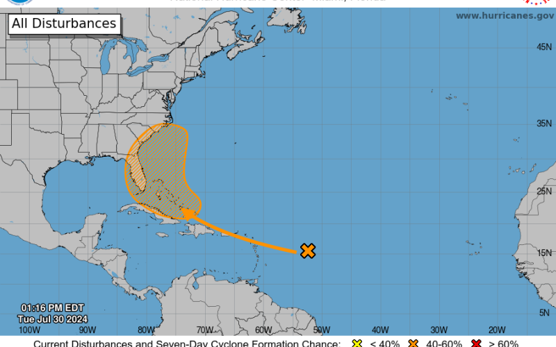 The tropical outlook of a system in the Atlantic as of 2 p.m. Tuesday. The National Hurricane Center increased the odds of the system turning into a tropical storm to 60% on Tuesday. (COURTESY NATIONAL HURRICANE CENTER)