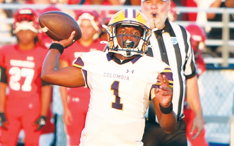 Columbia quarterback Zamarion Jones throws a pass against Bradford during their Preseason Classic on Aug. 16. Jones is moving from receiver to quarterback to begin the season after sophomore Xavier Collins sprained his MCL in fall camp. (BRENT KUYKENDALL/Lake City Reporter)