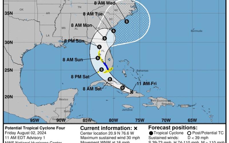 The current projected path for invest 97L, which is forecast to strengthen into a tropical storm as it approaches Florida this weekend. (NOAA)