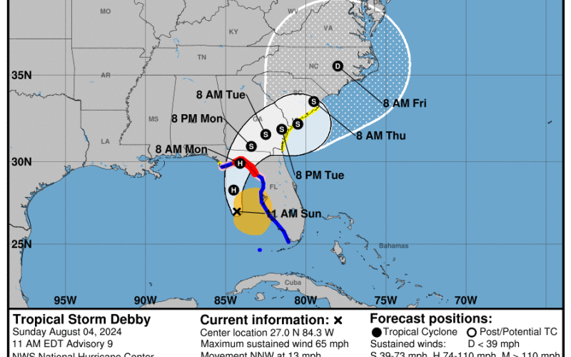 Tropical Storm Debby is expected to impact North Florida tomorrow as it continues to advance toward Florida. (NATIONAL HURRICANE CENTER)