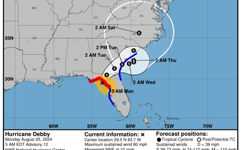 Hurricane Debby made landfall Monday morning near Steinhatchee. (NATIONAL HURRICANE CENTER)