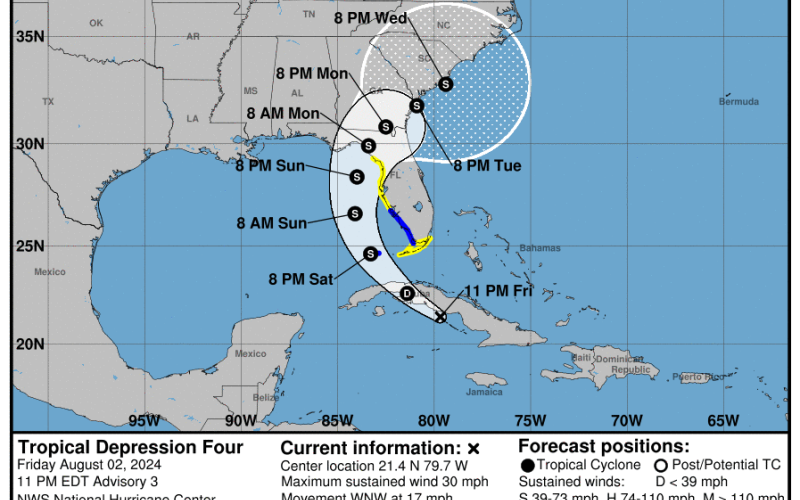 The tropical depression near Cuba is forecast to become Tropical Storm Debby this weekend. (NOAA)