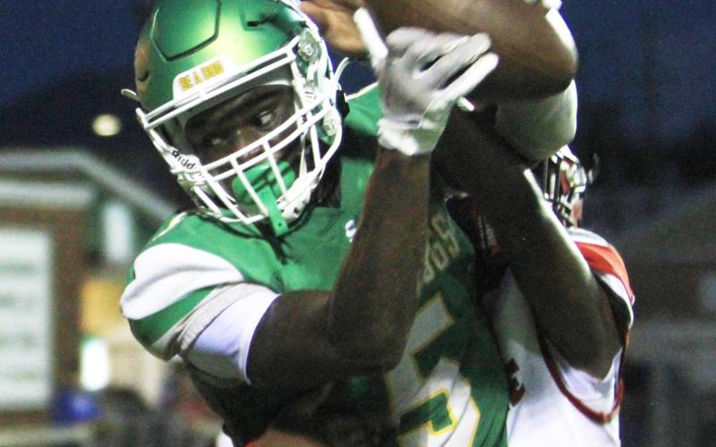 Suwannee receiver MJ Rossin hauls in a touchdown pass in front of a Lafayette defender Friday night. (PAUL BUCHANAN/Lake City Reporter)