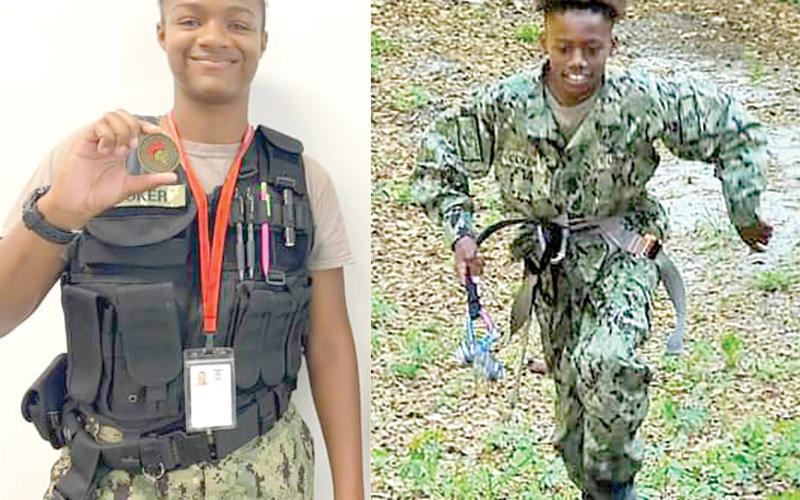 LEFT: Victoria Coker shows off a medal she earned during her training with the Navy Sea Cadets. Coker earned the Honor Cadet designation last month. RIGHT: Michael Coker, running during a training with the Navy Sea Cadets, became the first local member to earn Honor Cadet. (COURTESY PHOTOS)