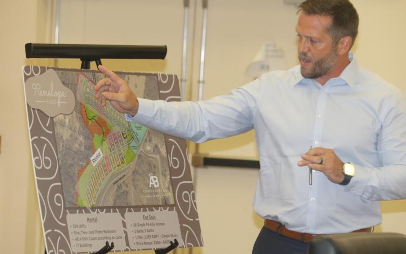 Lance Jones with Jones Engineering talks about the Penelope Place mixed-use development during the Planning and Zoning board meeting Sept. 2. The zoning and land use change requests needed for the development have been withdrawn by the developer. (TONY BRITT/Lake City Reporter)