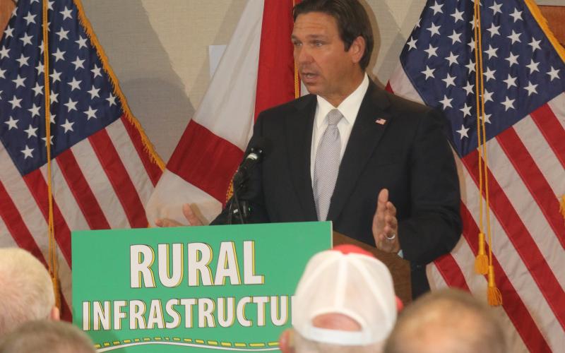 Gov. Ron DeSantis announced more than $122 million in rural infrastructure projects Tuesday at the Florida Department of Transportation office in Lake City. Among that funding is $8 million for Columbia, Hamilton, Lafayette and Suwannee counties. (TONY BRITT/Lake City Reporter)