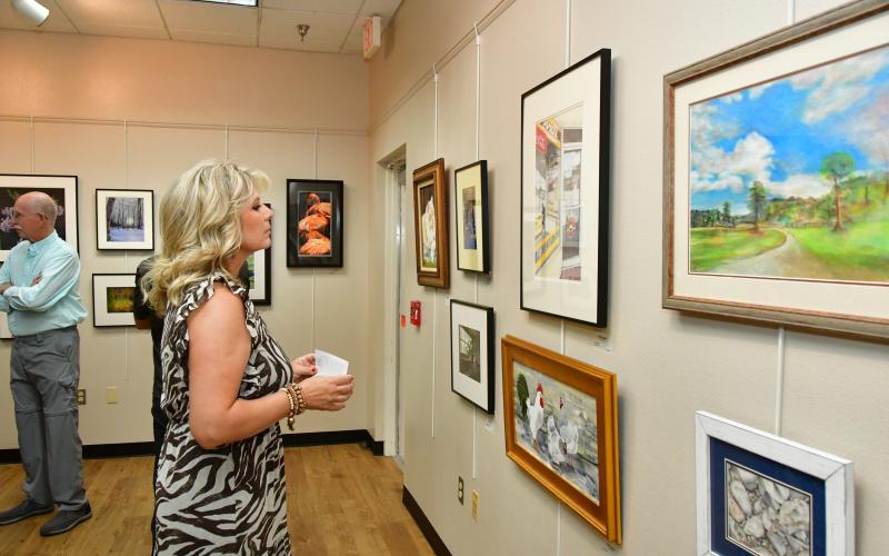 An attendee at last year’s Autum Artfest opening reception checks out some of the submitted artwork, including Chris Flanagan’s ‘City Drugs’ (top middle), which won best of show. (FILE)