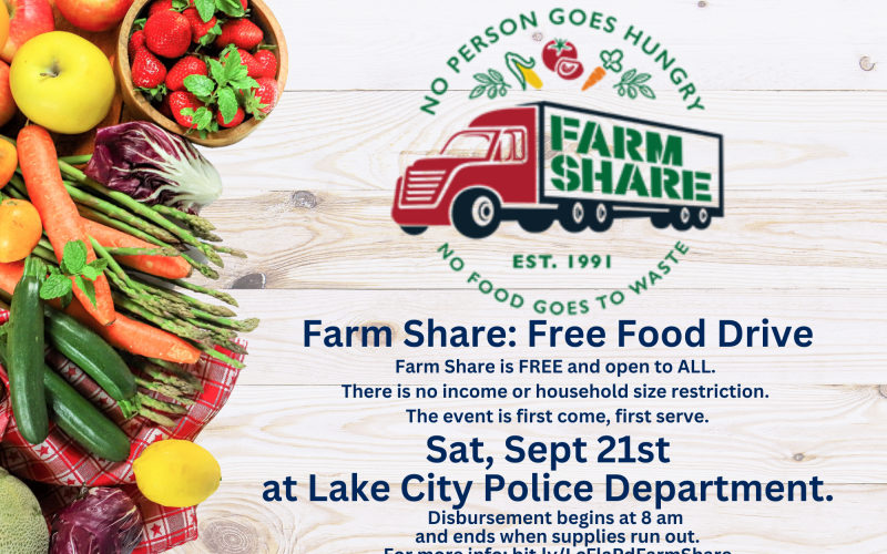 The Lake City Police Department is hosting a Farm Share food distribution on Sept. 21. (COURTESY)