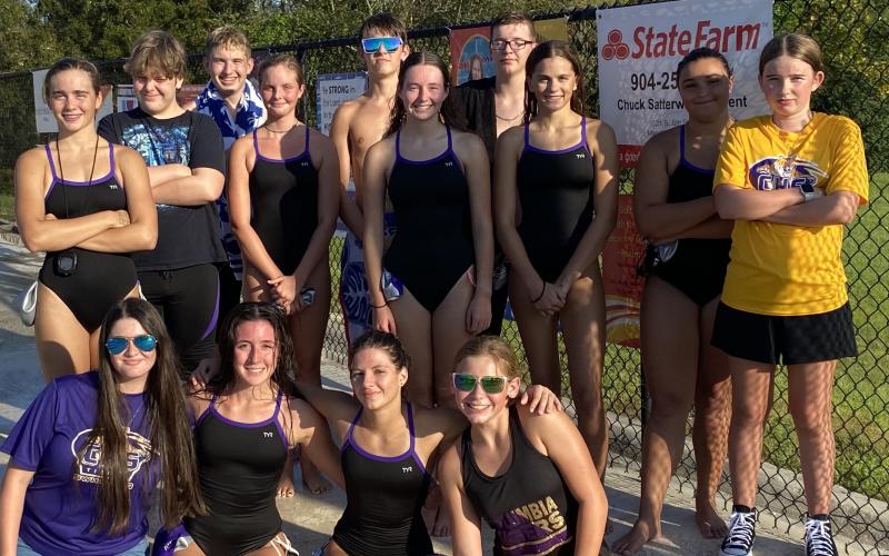 The Columbia swim teams. Back row: Casey Fair (from left), Fredrick Donaway, Anderson Mitchell, Savannah Summerall, Baron Herget, Annie Glenn, Zane Bosserman, Brie Fair, Blythe Harrell and CHS exhibition swimmer Rowan Sheehan; front row: Abby Ulloa (from left), Izzy Scott, Luciana Tonetti and CHS exhibition swimmer Mackenzie Shoemaker. (COURTESY)