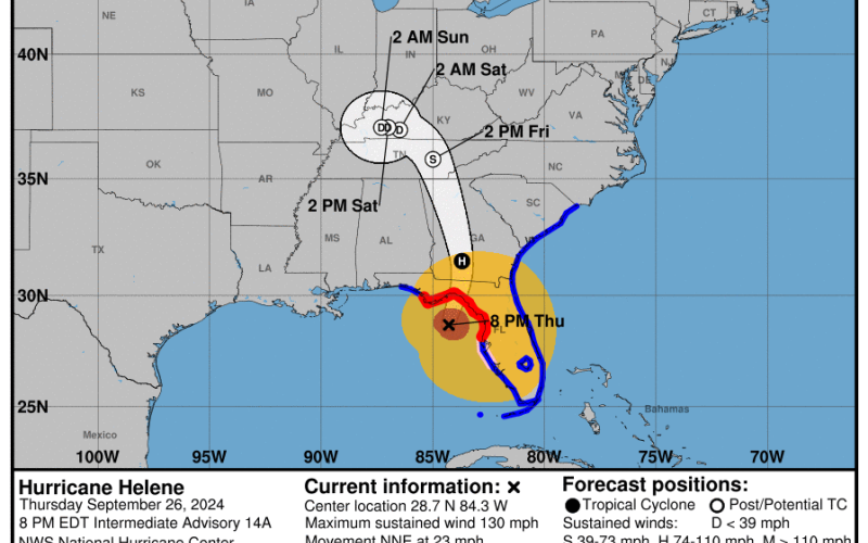 Hurricane Helene is now a Category 4 storm expected to make landfall in Taylor County. (NATIONAL HURRICANE CENTER)