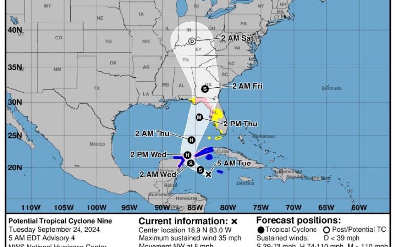 Potential Tropical Cyclone 9 is expected to become a hurricane Wednesday and make landfall in the Big Bend or Florida Panhandle by Thursday evening. (COURTESY)
