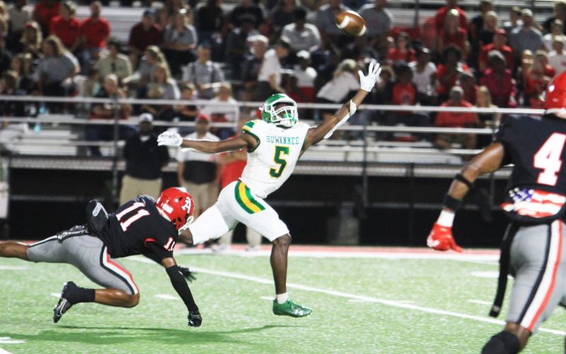 A pass to Suwannee receiver MJ Rossin is just out of reach during Friday’s game against Appling County. (PAUL BUCHANAN/Lake City Reporter