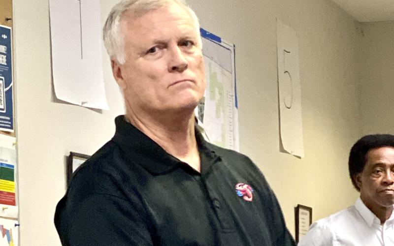 Jon Little, communications director, Suwannee Valley Electric Cooperative, provided an update on the cooperative's restoration efforts to Columbia County Commissioners during a special meeting Sunday afternoon. (TODD WILSON/Lake City Reporter)