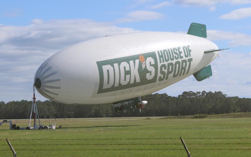 A Dick’s Sporting Goods blimp was docked at the Florida Gateway Airport Tuesday after it evacuated from the path of Hurricane Milton. (TONY BRITT/Lake City Reporter)