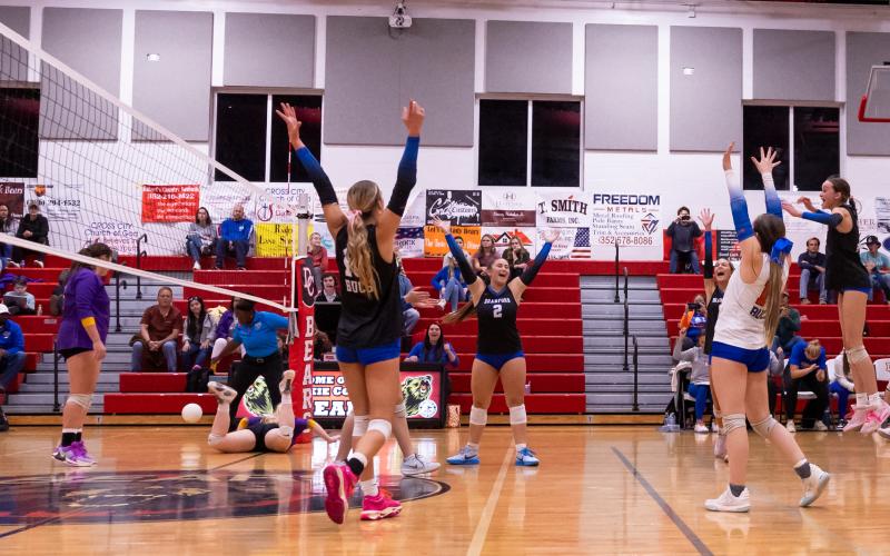 Branford celebrates after scoring a point against Union County during the District 6-R championship on Thursday. (JACK HOWDESHELL/Lake City Reporter)