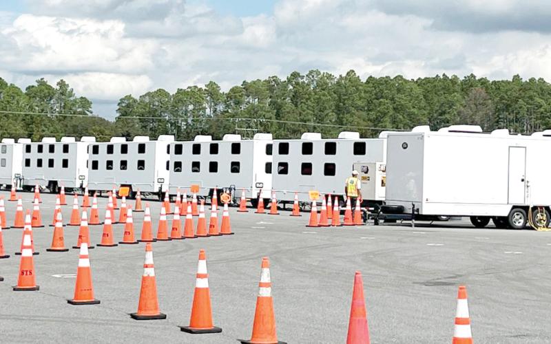 Florida Gateway College’s Olustee campus is housing mobile kitchens, shower facilities and bunks to house more than 900 linemen helping Florida Power &amp; Light restore power in Columbia County and North Florida after Hurricane Helene. (COURTESY FLORIDA GATEWAY COLLEGE)