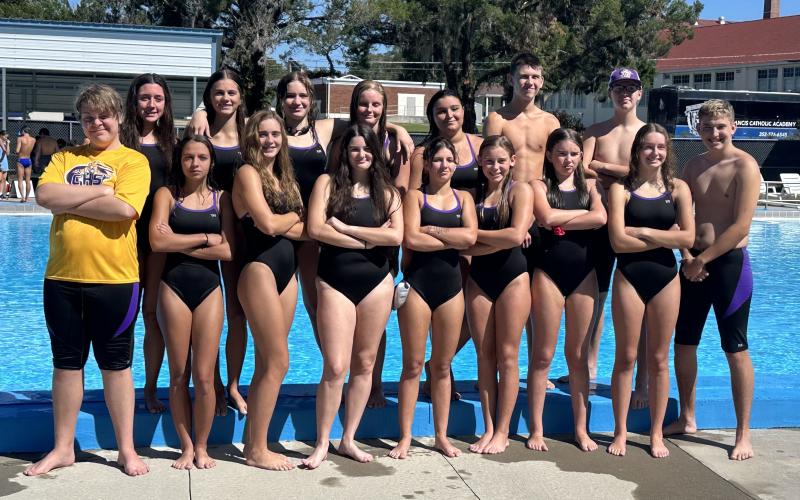 The Columbia swims teams: Izzy Scott (back row, from left), Brie Fair, Emma Fielding, Savannah Summerall, Blythe Harrell, Baron Herget, Zane Bosserman and Anderson Mitchell; Fredrick Donaway (front row, from left), Gabby Tonetti, Casey Fair, Abbi Ulloa, Luciana Tonetti, Mackenzie Shoemaker, Rowen Sheehan and Annie Glenn. (COURTESY)