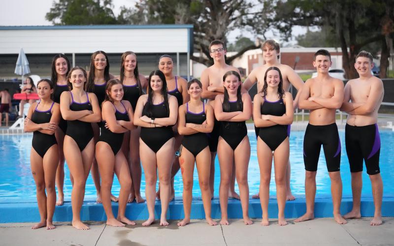 Columbia’s swim teams. Front row: Gabby Tonetti (from left), Casey Fair, Mackenzie Shoemaker, Abbi Ulloa, Luciana Tonetti, Rowen Sheehan, Annie Glenn, Baron Herget and Anderson Mitchell; back row: Izzy Scott (from left), Brie Fair, Savannah Summerall, Blythe Harrell, Zane Bosserman and Fredrick Donaway. (COURTESY)