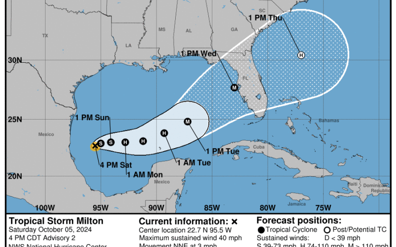 The National Hurricane Center on Saturday said Tropical Storm Milton, which formed in the southwestern Gulf of Mexico, is expected to bring “the risk of life-threatening impacts” to the state’s Gulf Coast in the coming days. (NOAA)