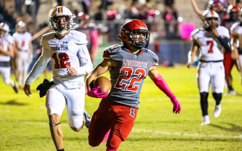Lafayette running back Tavis Hutson runs into the end zone for a touchdown against Trenton on Friday night. (JACK HOWDESHELL/Lake City Reporter)