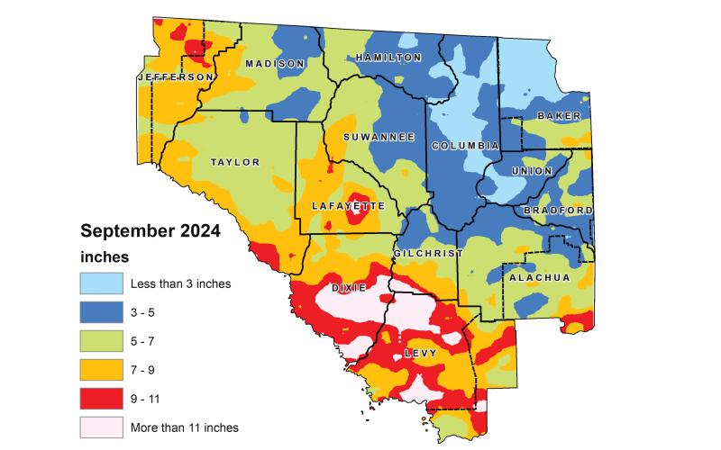 September featured above average rainfall across the Suwannee River Water Management District, including areas that received more than 11 inches of precipitation during the month. (COURTESY SUWANNEE RIVER WATER MANAGEMENT DISTRICT)