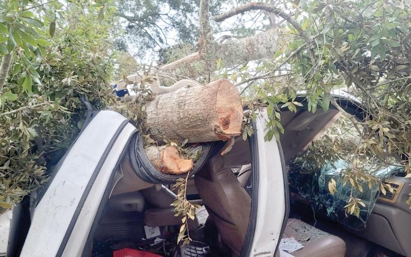 Ken Stapleton’s 2000 Ford F-350 was smashed by a large oak tree during the height of Hurricane Helene early Friday morning. Stepleton was rescued by Columbia County firefighters. (COURTESY)