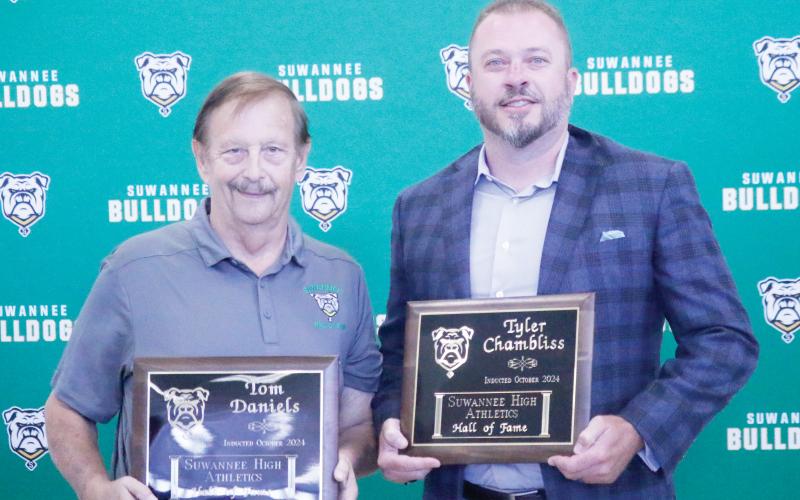 New Suwannee Hall of Fame inductees Tom Daniels (left) and Tyler Chambliss (right). (JAMIE WACHTER/Lake City Reporter)