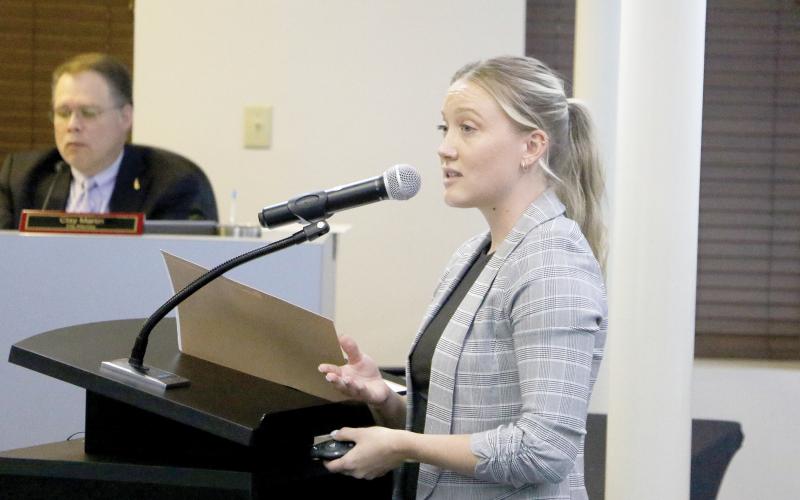 Lauren Rushing, a transportation planner with the NUE Urban Concepts firm, talked the benefits of a mobility plan and mobility fee with the Lake City Council on Monday. (MORGAN MCMULLEN/Lake City Reporter)