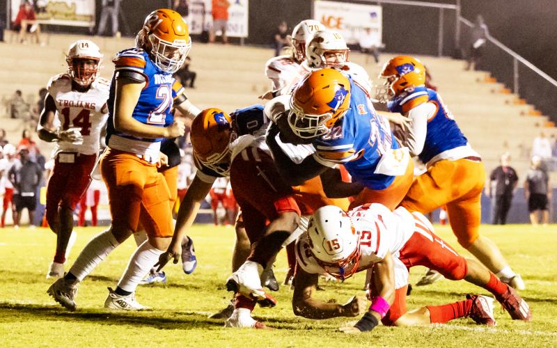 Branford running back Ollie James dives into the end zone for a touchdown against Hamilton County on Nov. 1. (JACK HOWDESHELL/Lake City Reporter)