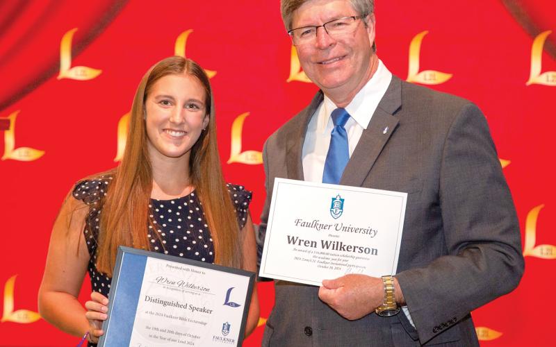 Branford High’s Wren Wilkerson was awarded a $16,000 annual scholarship from Faulkner University President Mitch Henry for her performance in the Zon/Lads to Leaders public speaking contest. (COURTESY)