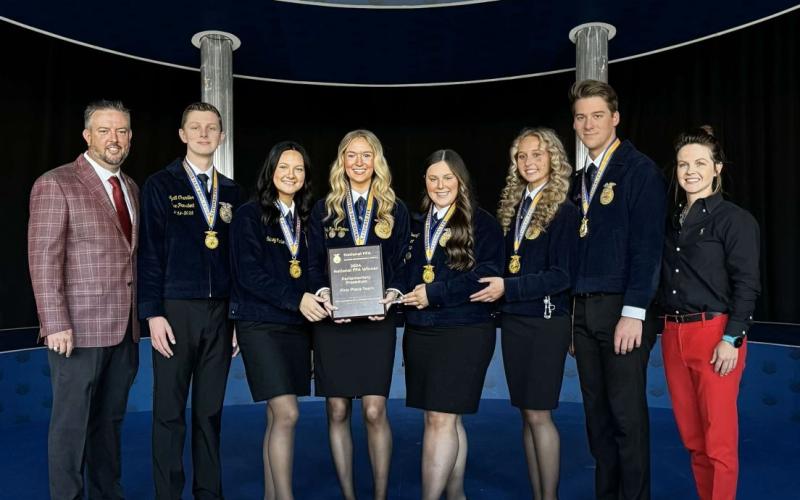 The Lafayette FFA parliamentary procedure team, which included Trey Galbraith, Wyatt Chandler, Alyssa Jones, Sidney Wimberley, Delaney Deadwyler and Emily Reese Thomas won the national title at the FFA Convention in Indianapolis. (COURTESY)