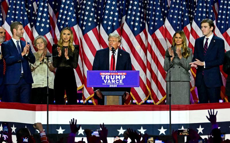 Former US President and Republican presidential candidate Donald Trump speaks during an election night event at the West Palm Beach Convention Center in West Palm Beach. Donald Trump claimed victory and pledged to “heal” the country. (JIM WATSON/AFP/Getty Images)