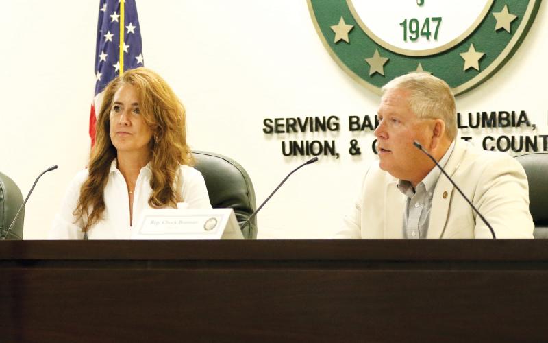 Sen. Jennifer Bradley and Rep. Chuck Brannan listen during last year’s Columbia County legislative delegation hearing at Florida Gateway College. the hearing for the upcoming Legislative session is set for Wednesday, Jan. 8. (FILE)