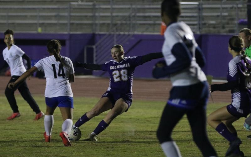 Columbia’s Kyndall Norris takes a shot that resulted in the team’s second goal in Tuesday’s 3-0 win over Ridgeview. (MORGAN MCMULLEN/Lake City Reporter)