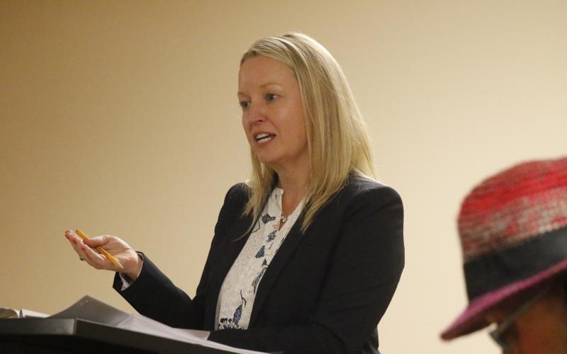 Anita Rembert, the CEO of Palms Medical Group, talks with the Lake Shore Hospital Authority board Monday about Palms’ proposal to operate an Authority-owned primary care clinic. (JAMIE WACHTER/Lake City Reporter)