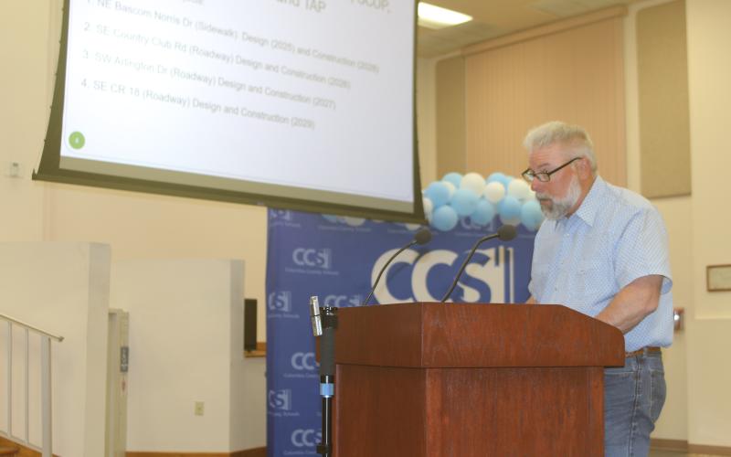 Assistant County Manager Kevin Kirby talks to the County Commission on Thursday about the need for a $1.6 million budget amendment for the wastewater project in Ellisville involving the Florida Department of Transportation sewer plant. (TONY BRITT/Lake City Reporter)