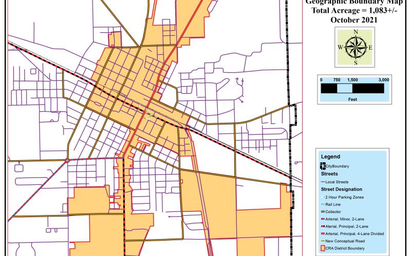 The Live Oak Community Redevelopment Agency district may be expanded or have additional districts created. The current district runs from the north end of the city to the south along Ohio Avenue (U.S. Highway 129) and includes the bulk of downtown Live Oak. (COURTESY CITY OF LIVE OAK)