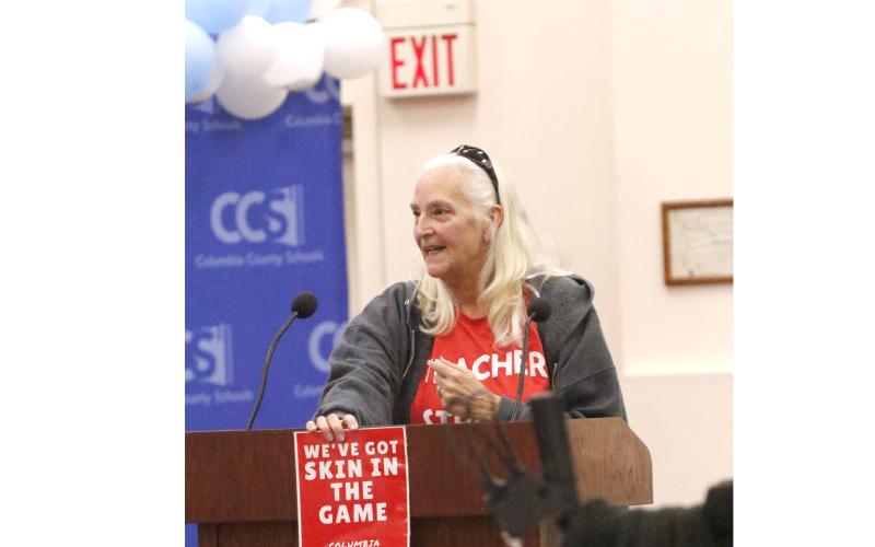 Sally Sluder, an ESE teacher at Columbia City Elementary, said the school district should listen when the teachers talk about their ‘skin in the game.’ (JAMIE WACHTER/Lake City Reporter)