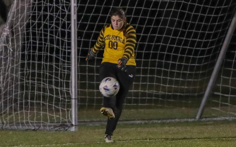 Columbia goalkeeper Sadie Sparks kicks the ball back into play against Eastside on Nov. 19, 2024. (BRENT KUYKENDALL/Lake City Reporter)
