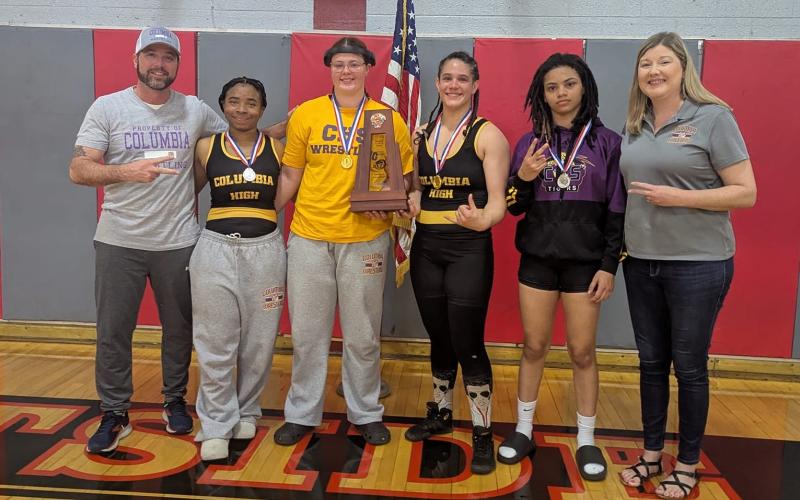 Columbia's girls wrestling team finished runners-up at the District 2-1A IBT on Wednesday. (COURTESY)